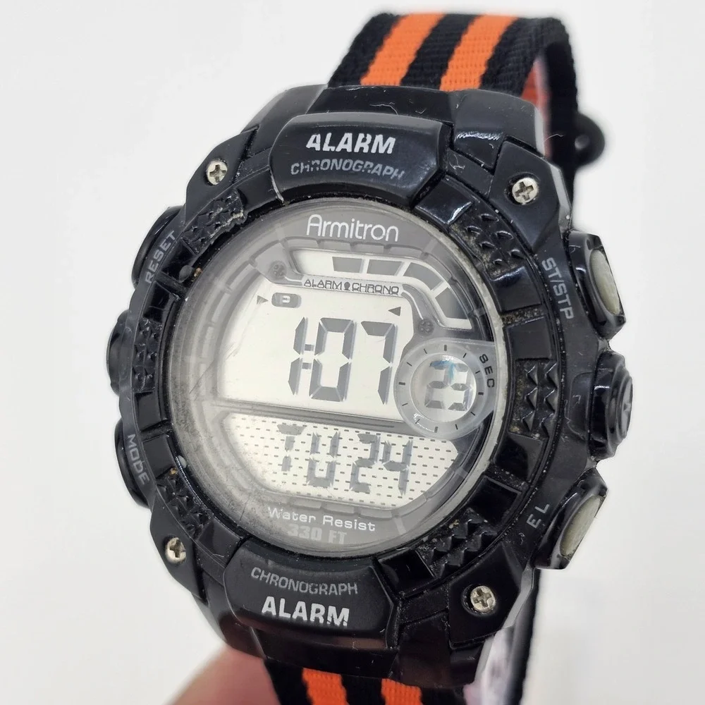 Armitron Men's Digital Sport Watch 48MM‎ Black Case NEW Orange Black Nylon Bands